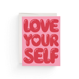 JONES + CO greeting card with pink background and red balloon typography reading LOVE YOUR SELF with matching envelope