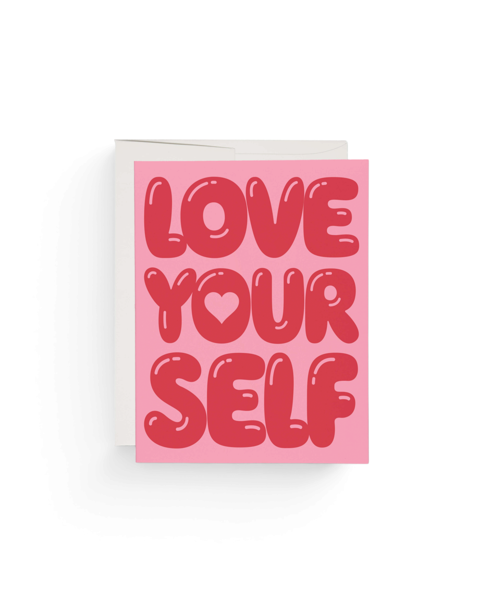 JONES + CO greeting card with pink background and red balloon typography reading LOVE YOUR SELF with matching envelope