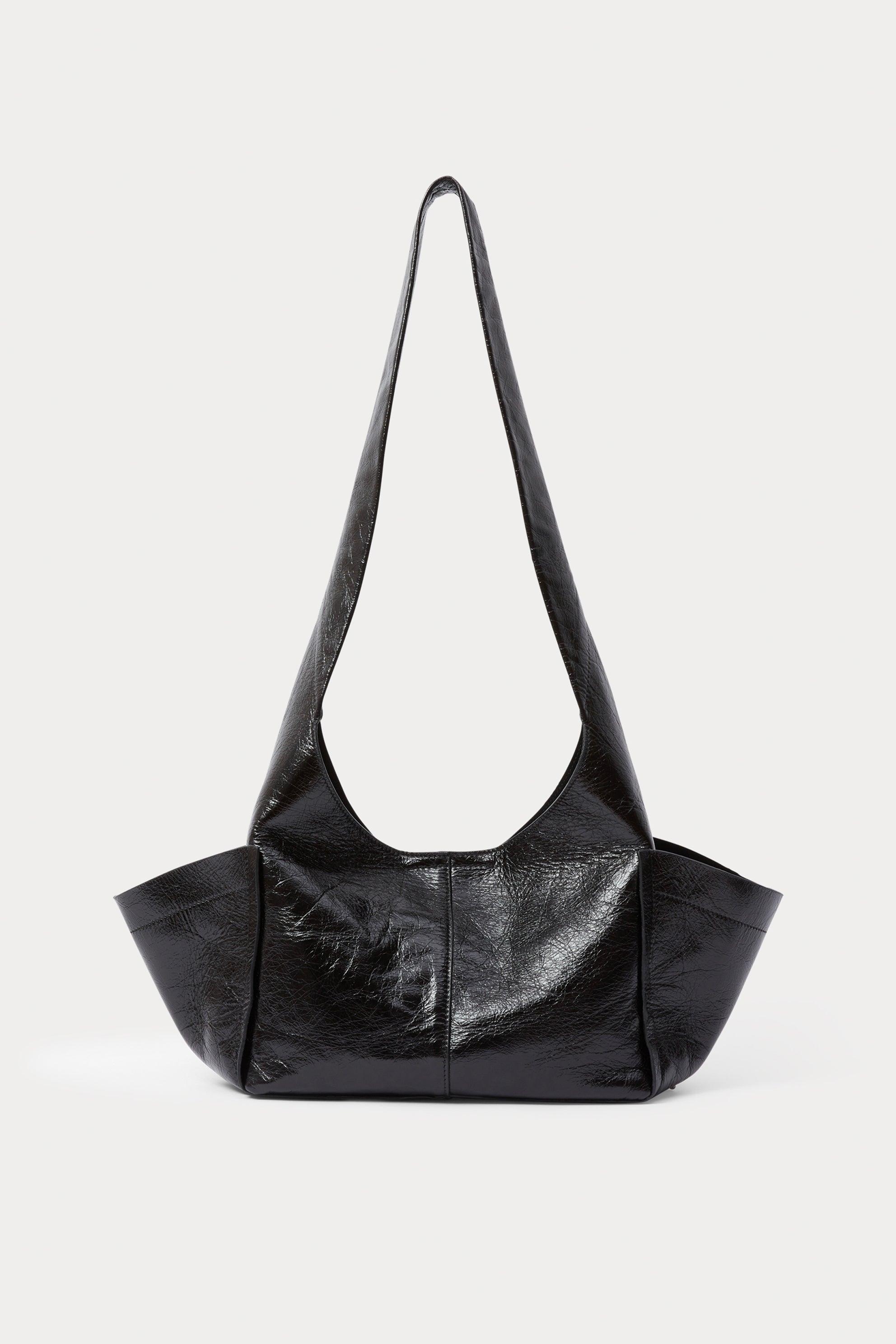 RACHEL COMEY Tool Bag in black lustre cow leather, front view with fixed shoulder strap.