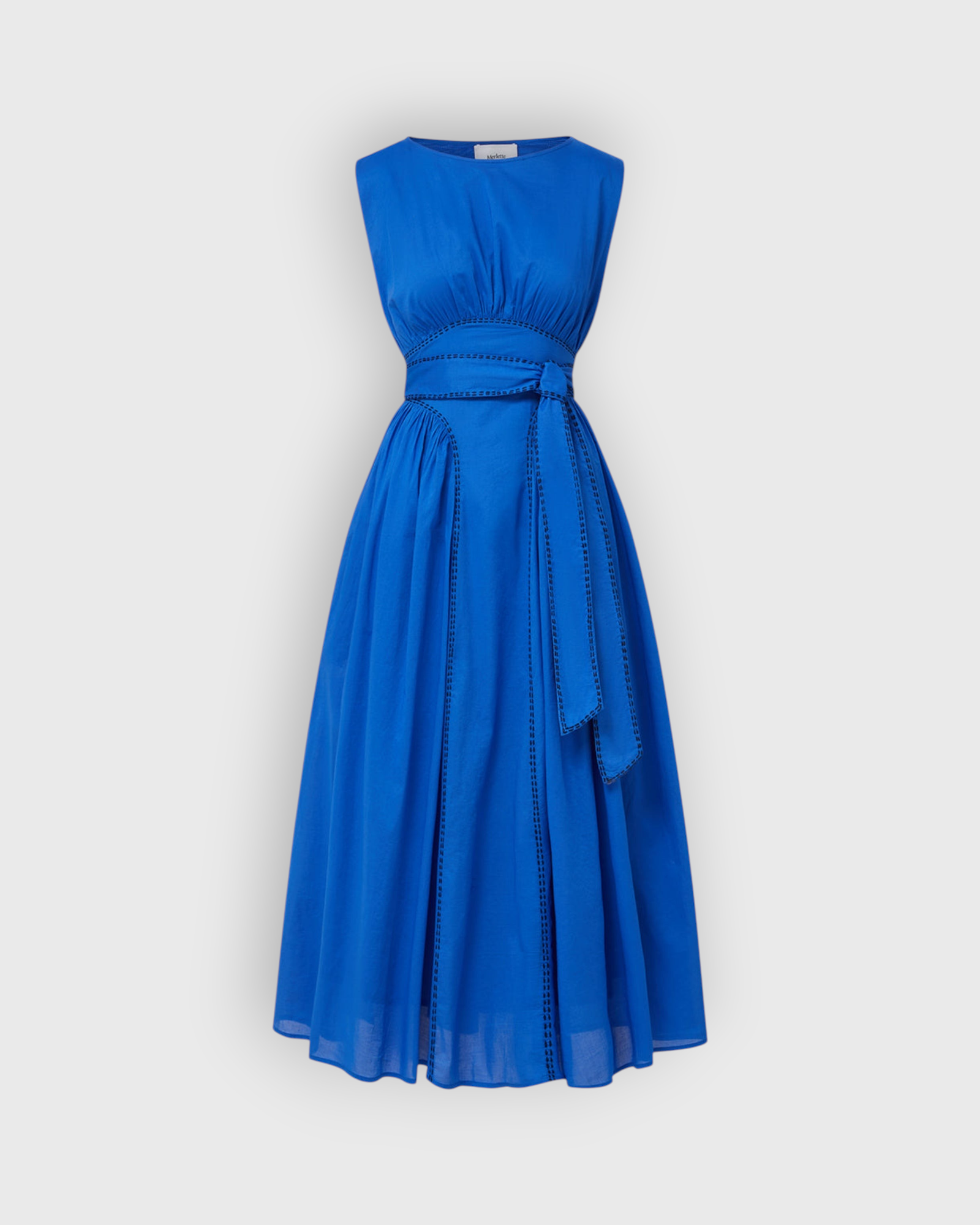Merlette Verena Dress in Ultramarine — product shot showing the full ankle-length silhouette