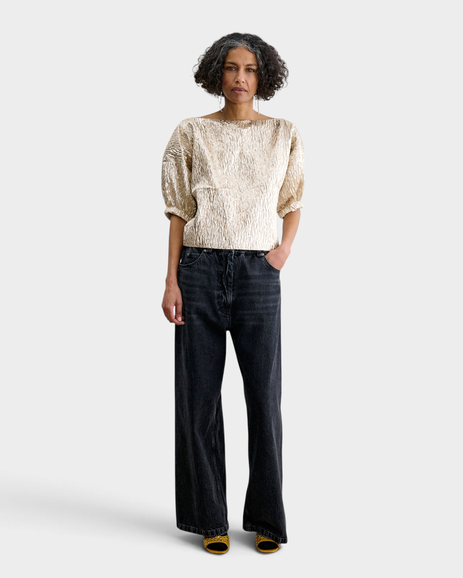 JONES + CO Rachel Comey Filly Top in champagne shimmery textured silk with boat neckline and sculptural puff sleeves.