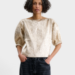 JONES + CO Rachel Comey Filly Top in champagne textured Crespi Silk with puff sleeves, alternate view.
