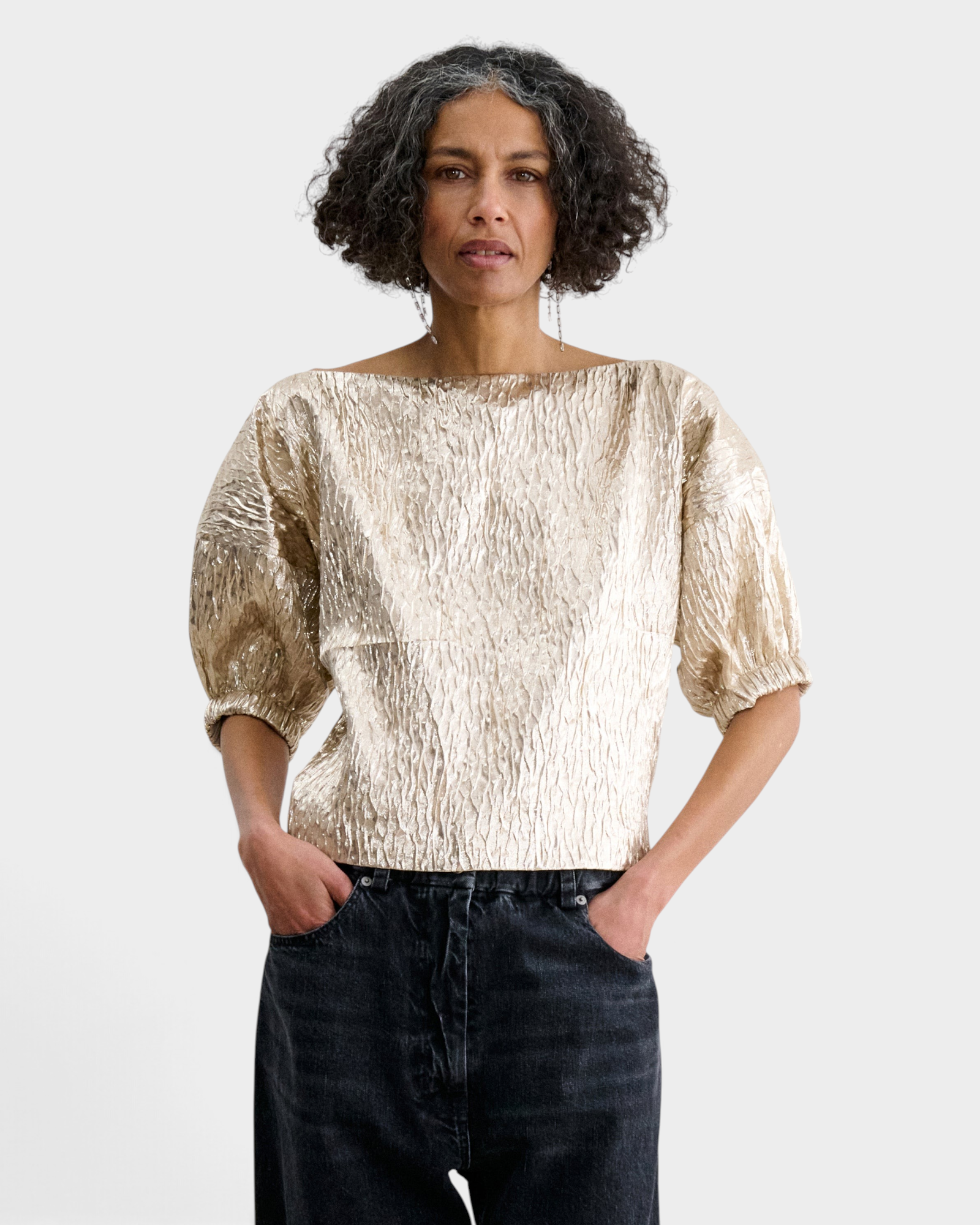JONES + CO Rachel Comey Filly Top in champagne textured Crespi Silk with puff sleeves, alternate view.