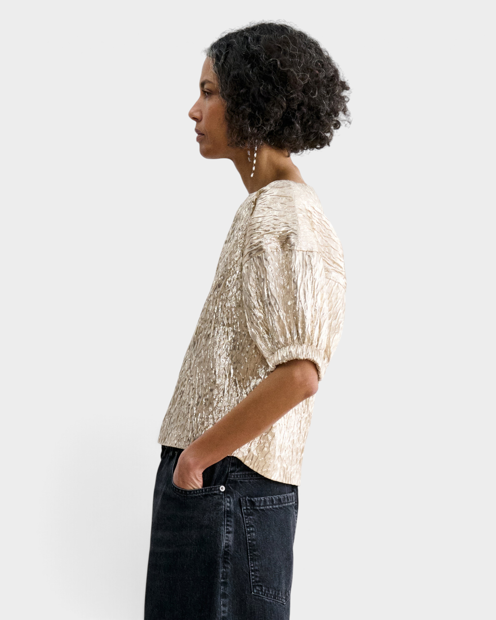 JONES + CO Rachel Comey Filly Top in champagne silk showing the cropped, dimensional silhouette.
