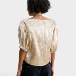 JONES + CO Rachel Comey Filly Top in champagne shimmery silk with elasticated cuffs and rear zip closure.
