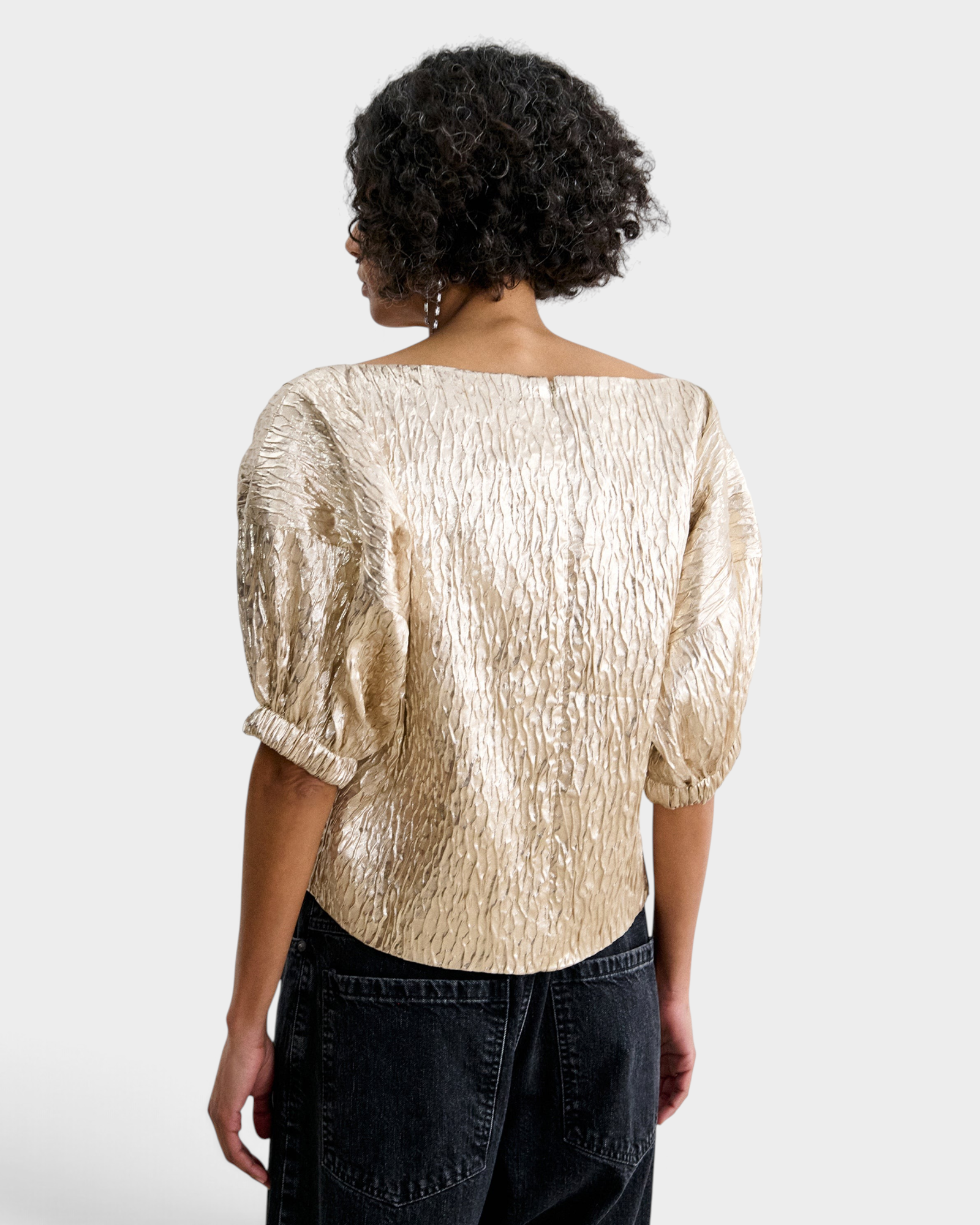 JONES + CO Rachel Comey Filly Top in champagne shimmery silk with elasticated cuffs and rear zip closure.
