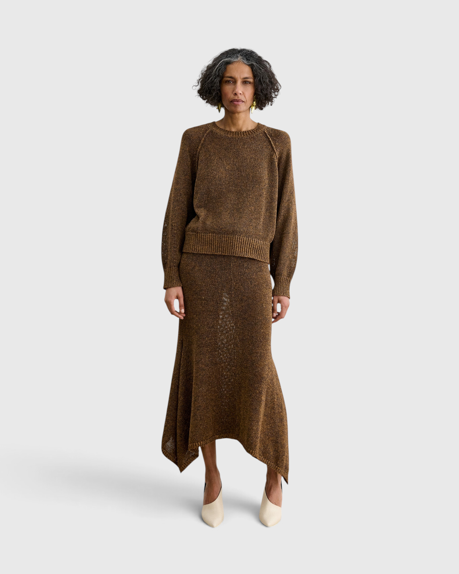 Rachel Comey Lenco Skirt in Brown, front full-length on model with matching knit top