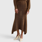 Rachel Comey Lenco Skirt in Brown, close-up front view showing handkerchief hem and waistband