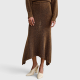 Rachel Comey Lenco Skirt in Brown, close-up front view showing handkerchief hem and waistband