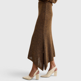 Rachel Comey Lenco Skirt in Brown, side profile showing asymmetric drape and slit