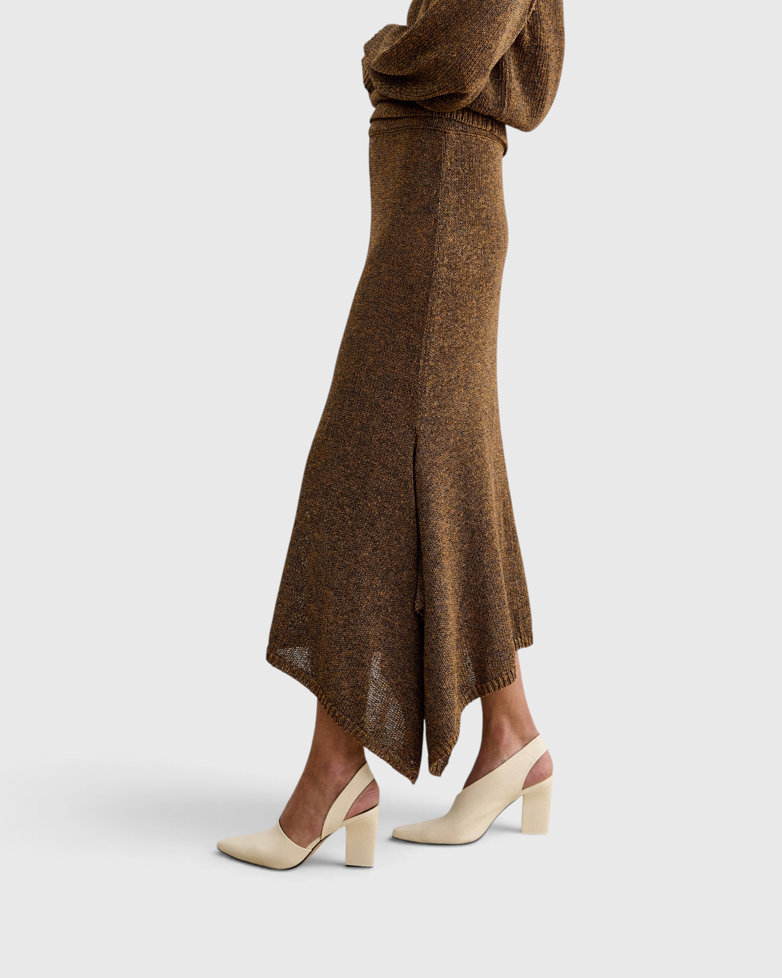 Rachel Comey Lenco Skirt in Brown, side profile showing asymmetric drape and slit