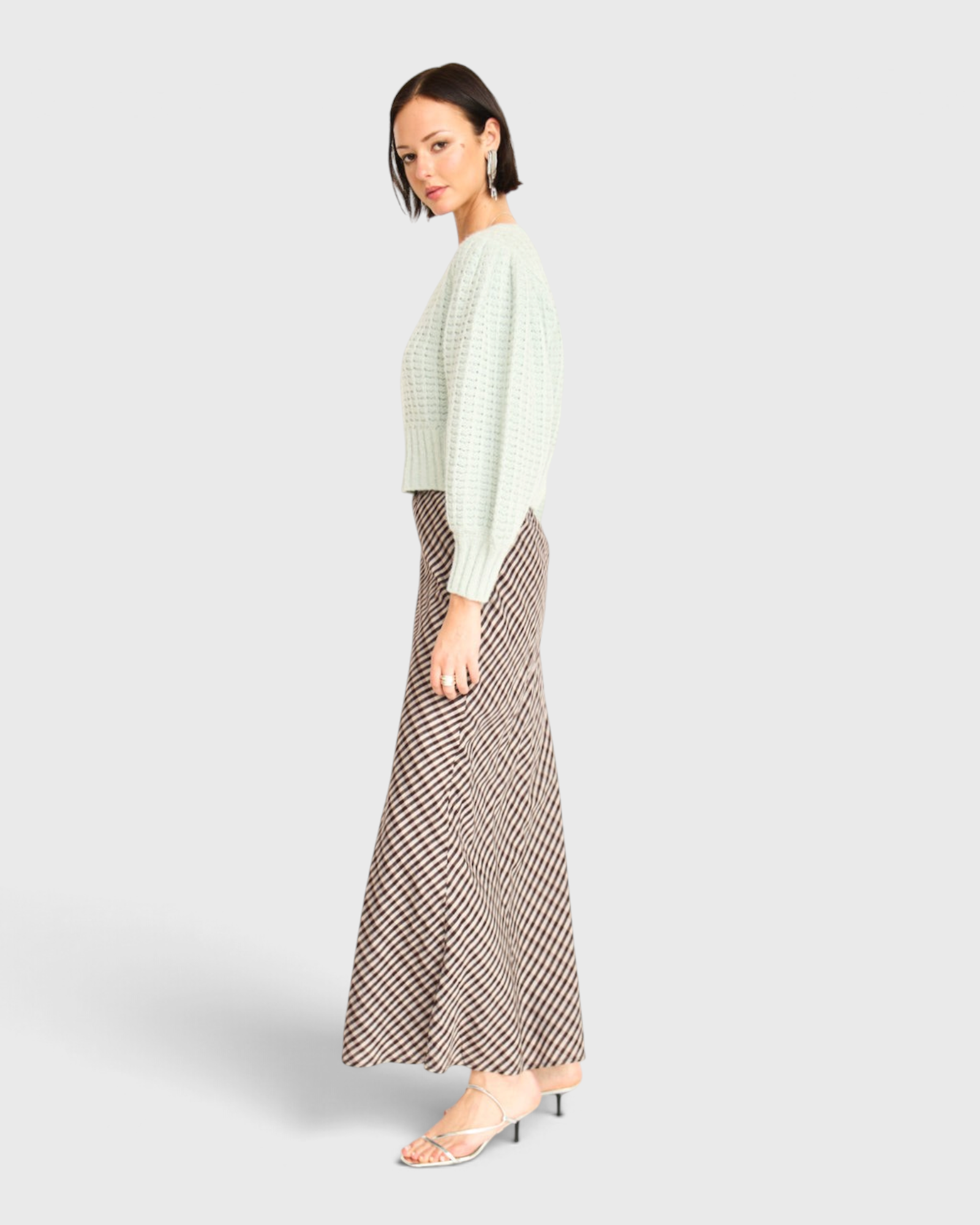 MIRTH Santander Silk Skirt in Shadowline Plaid — worn, back view