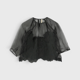 MIRTH Bari Organza Top in Black Waterlily — flat lay