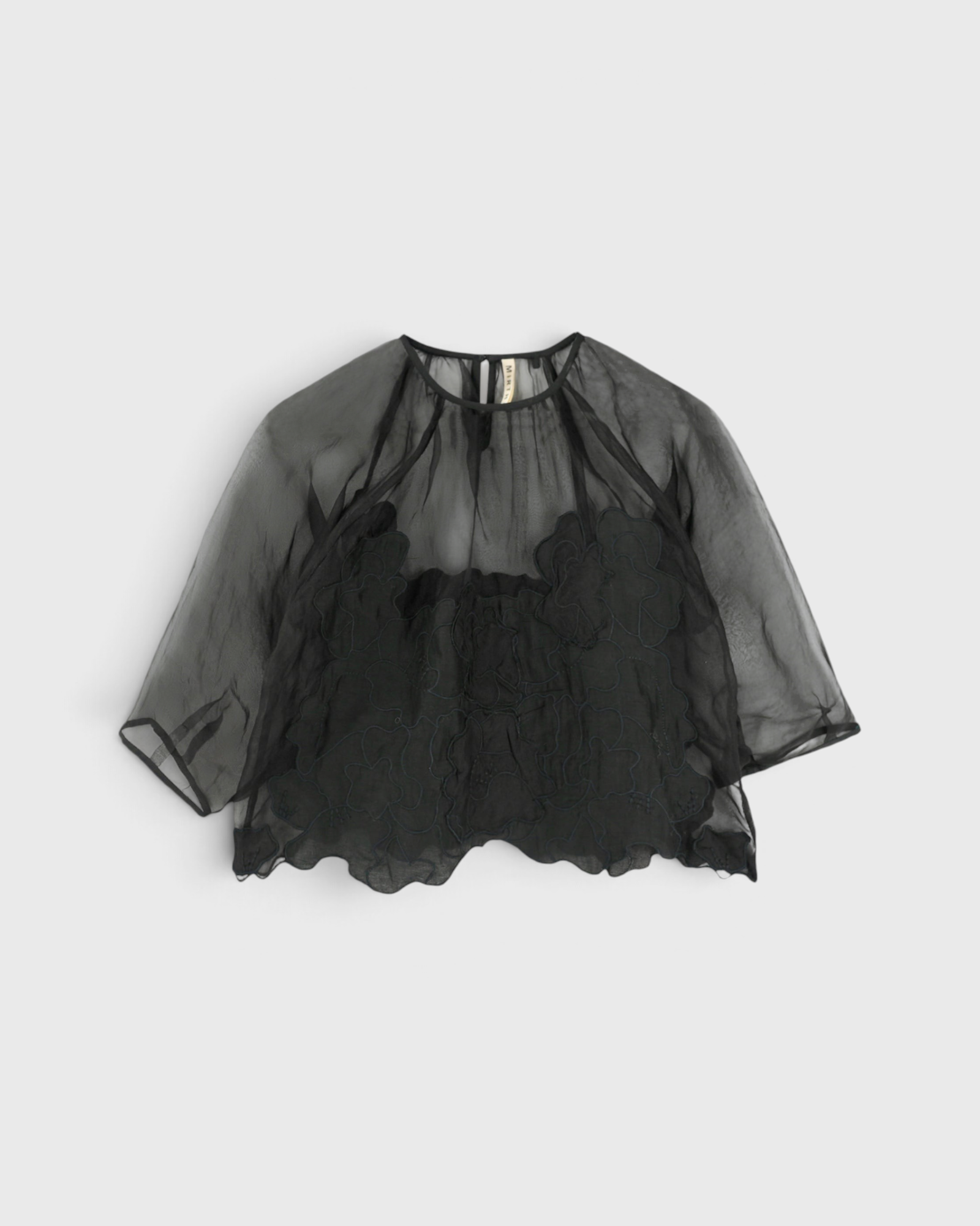 MIRTH Bari Organza Top in Black Waterlily — flat lay