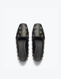 Jessie Ballet Flats - Black Calf with Gold Studs