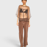MIRTH Organza Field Top in Cocoa — worn with cocoa silk trousers