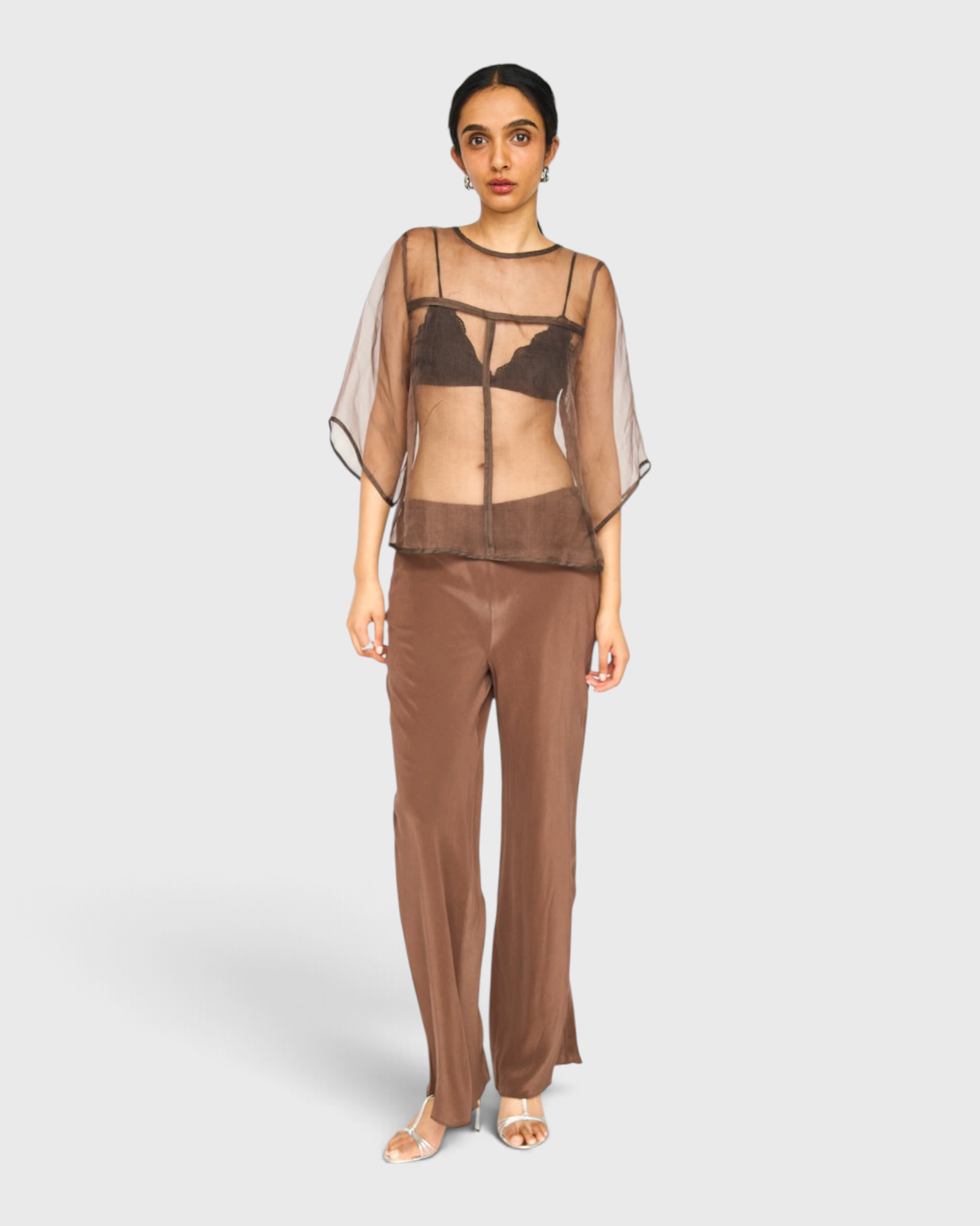 MIRTH Organza Field Top in Cocoa — worn with cocoa silk trousers