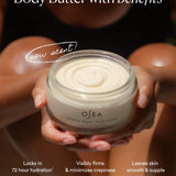 OSEA Undaria Algae Body Butter in Bergamot & Vanilla Bean, open jar held in hands with benefits callouts