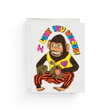 JONES + CO Love You Weirdo greeting card featuring a colorful illustrated monkey playing cymbals on white paper.