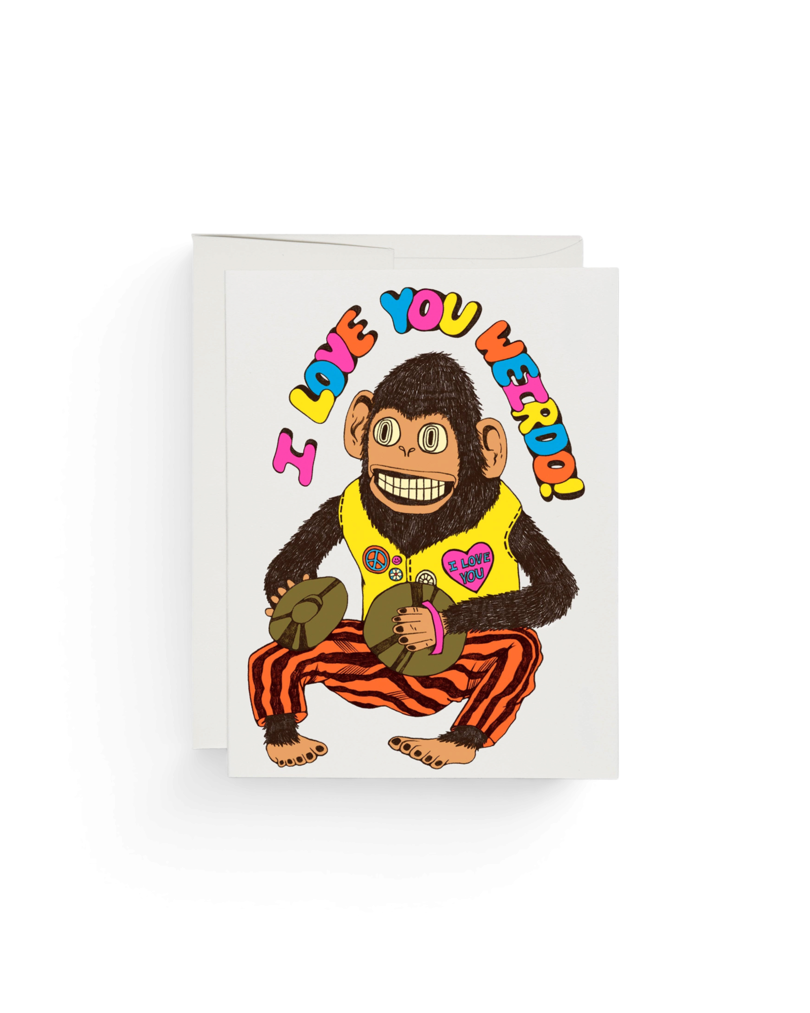 JONES + CO Love You Weirdo greeting card featuring a colorful illustrated monkey playing cymbals on white paper.