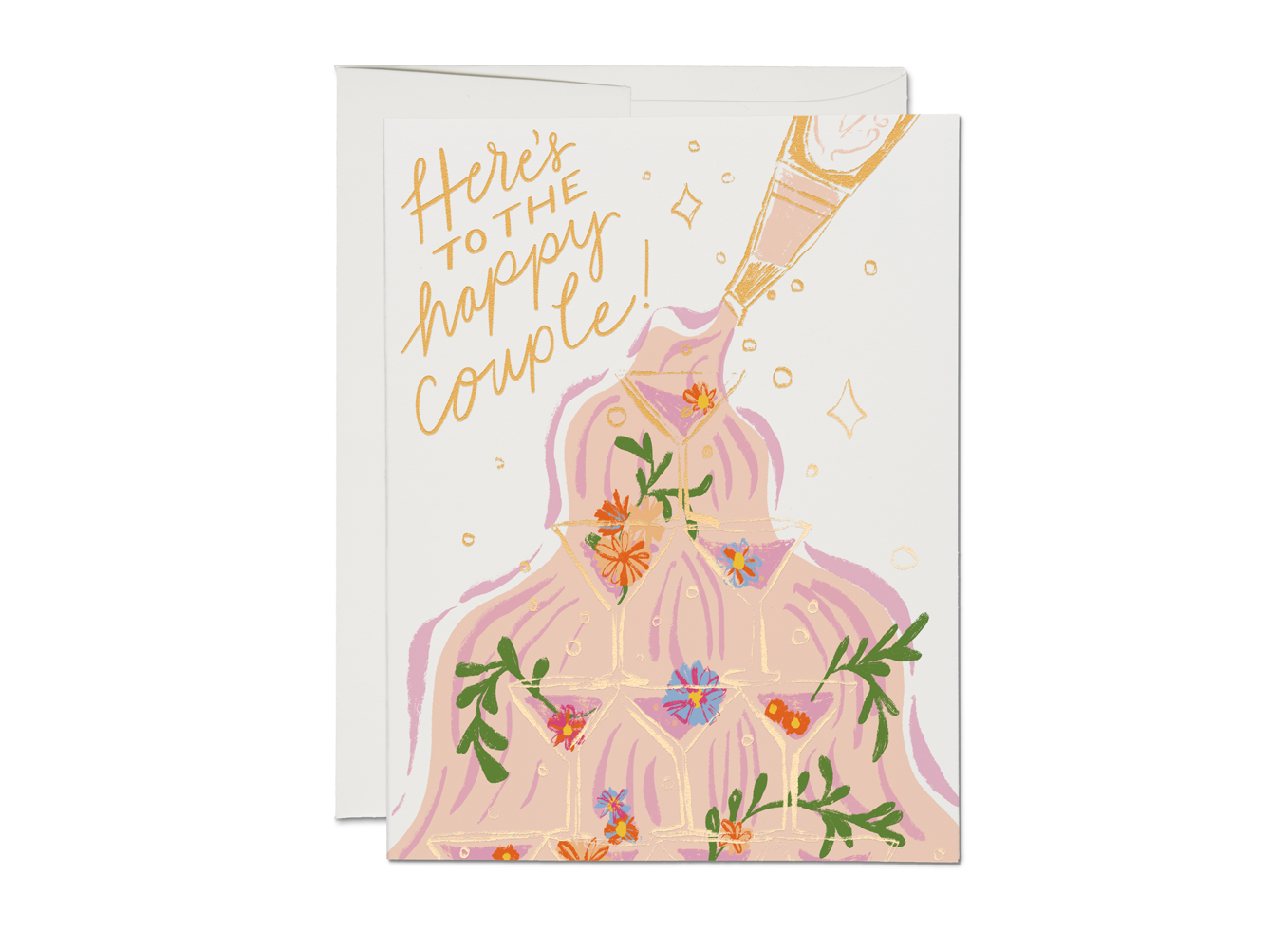 Greeting card with champagne bottle illustration and 'Here's to the happy couple' text on a white background