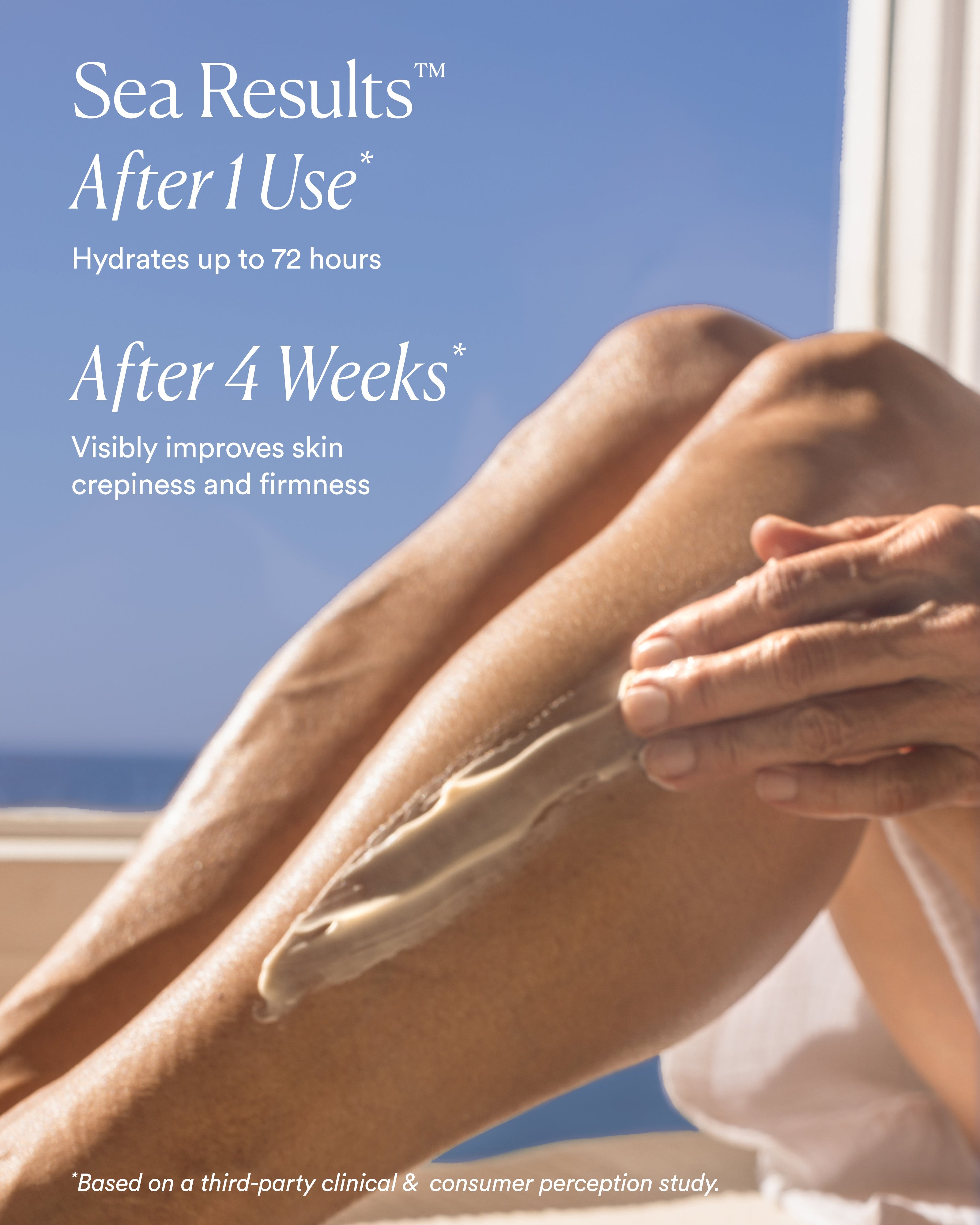 OSEA Undaria Algae Body Butter applied to legs, with clinical results callouts