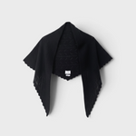 JONES + CO black mohair pointelle shawl with a triangular shape and delicate scalloped edges.