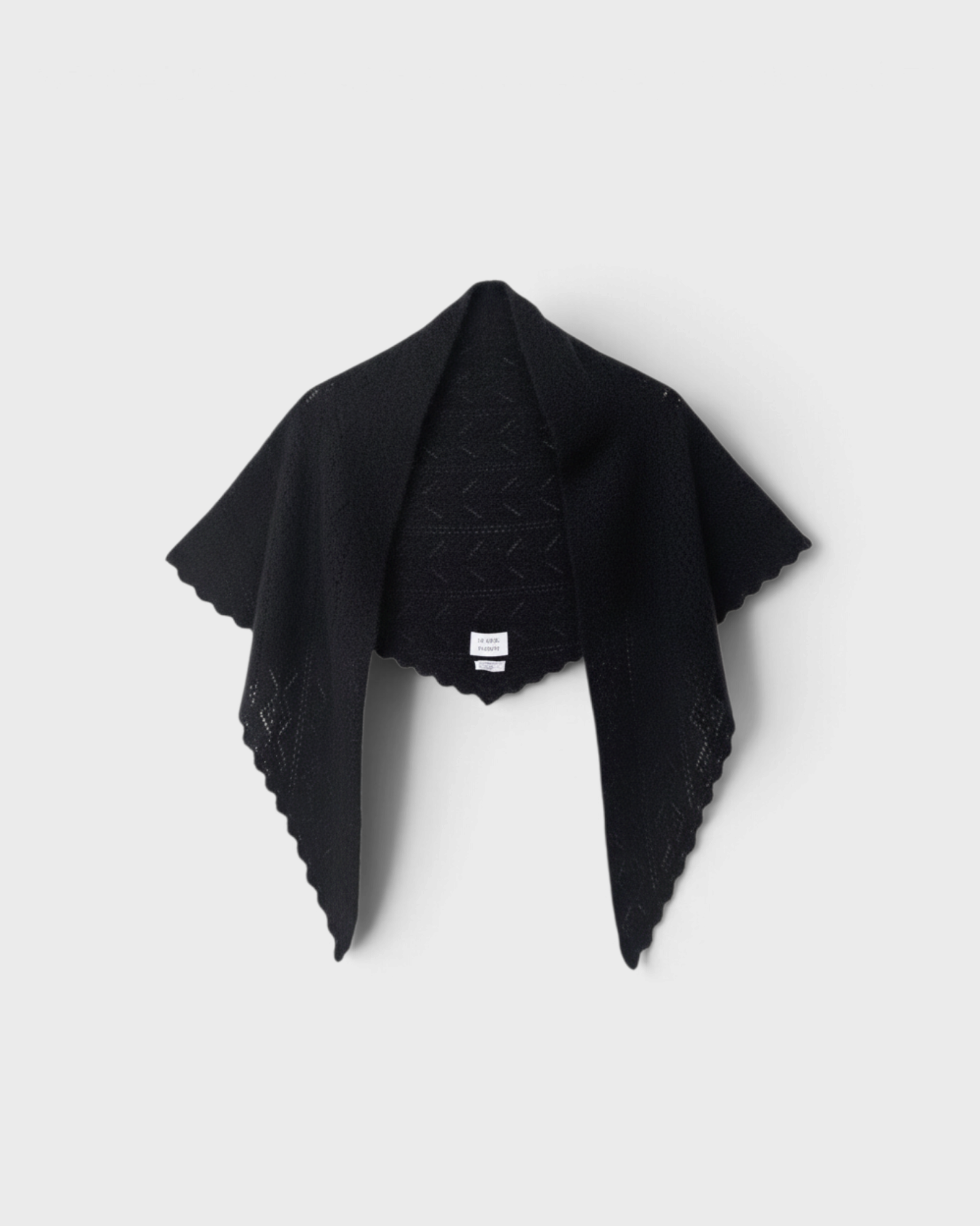 JONES + CO black mohair pointelle shawl with a triangular shape and delicate scalloped edges.
