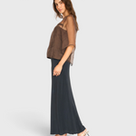 MIRTH Organza Field Top in Cocoa — worn, side view