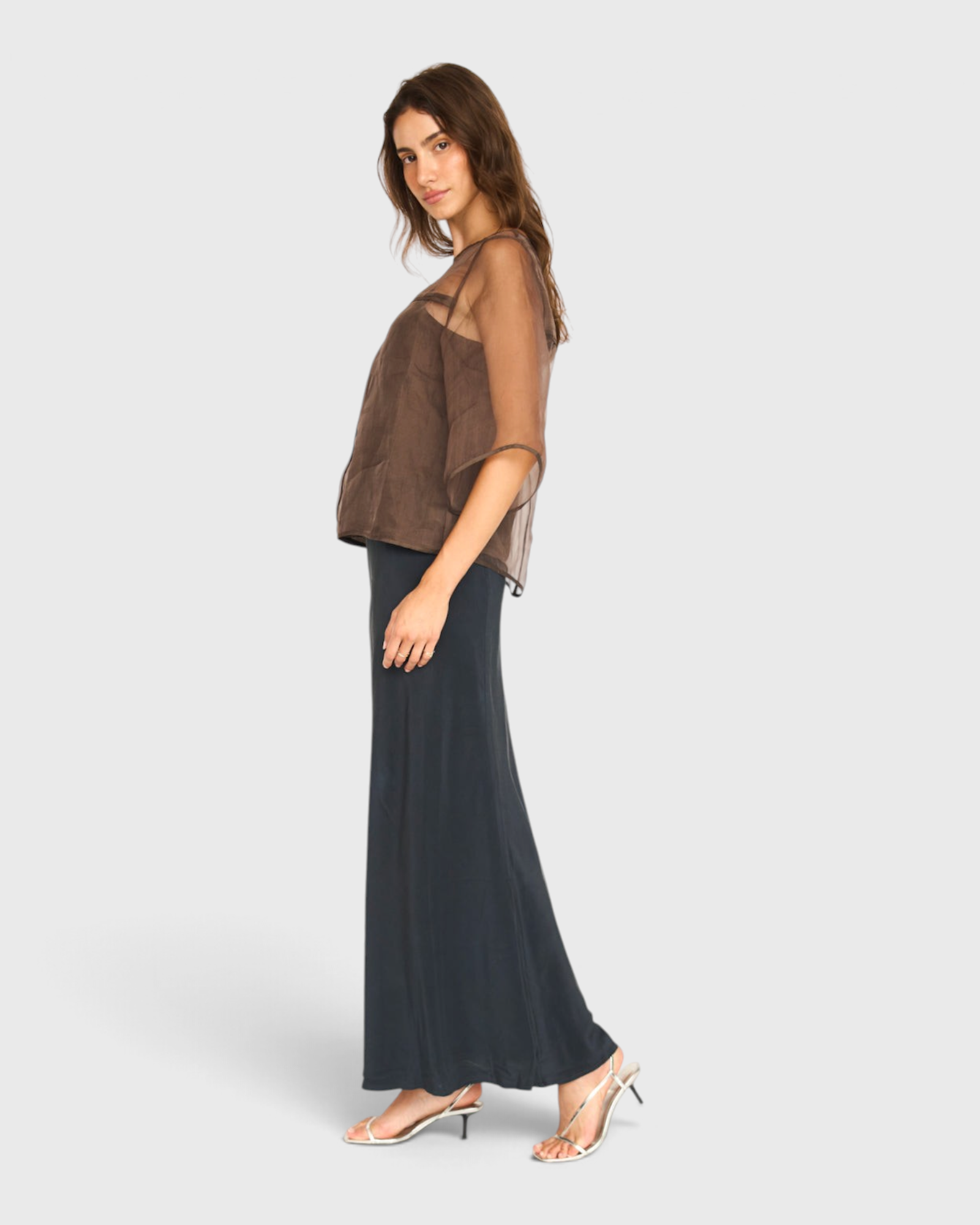 MIRTH Organza Field Top in Cocoa — worn, side view