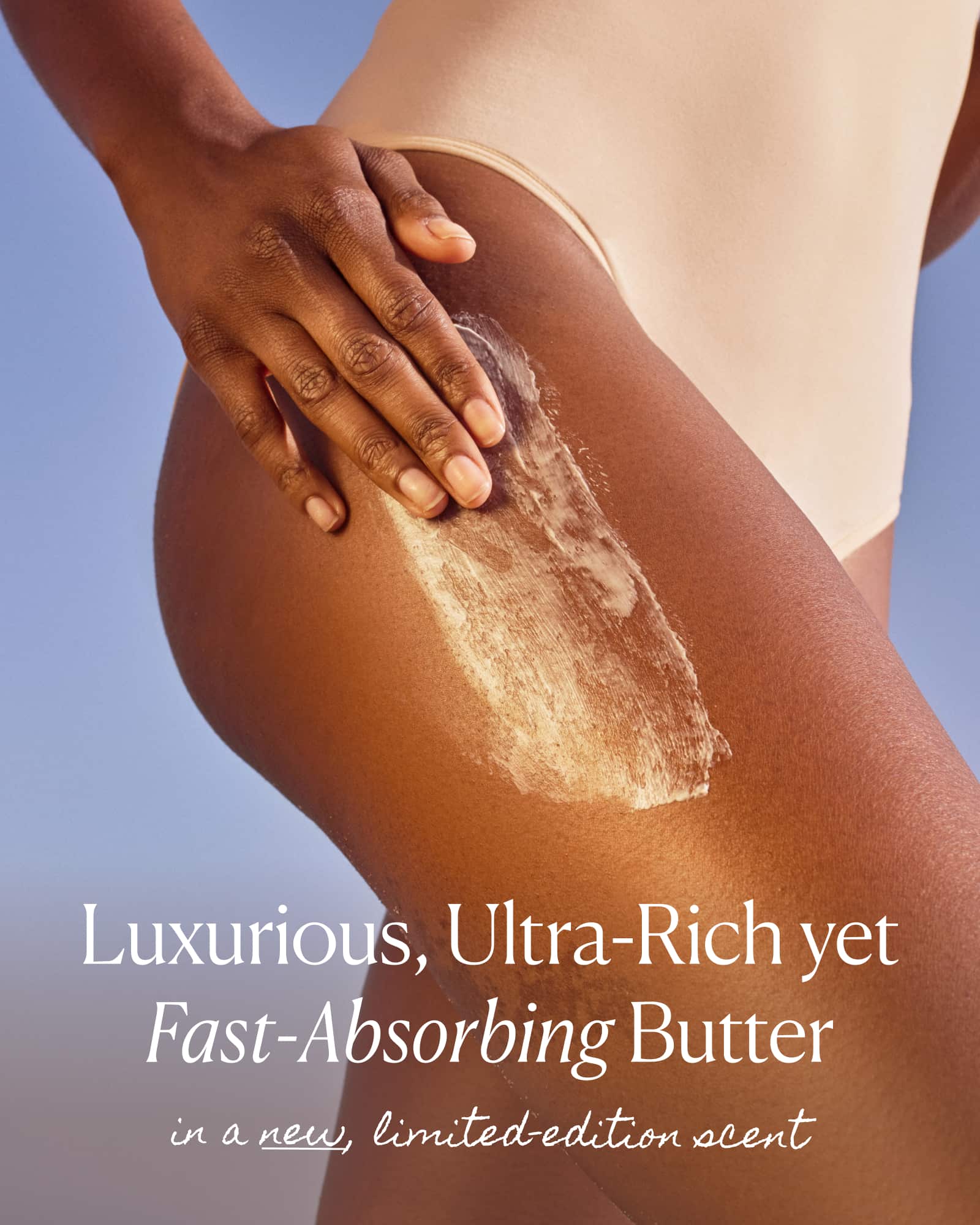 OSEA Undaria Algae Body Butter texture being smoothed onto the hip and thigh