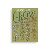 JONES + CO Off You Grow greeting card featuring floral illustrations on green textured cardstock with matching envelope