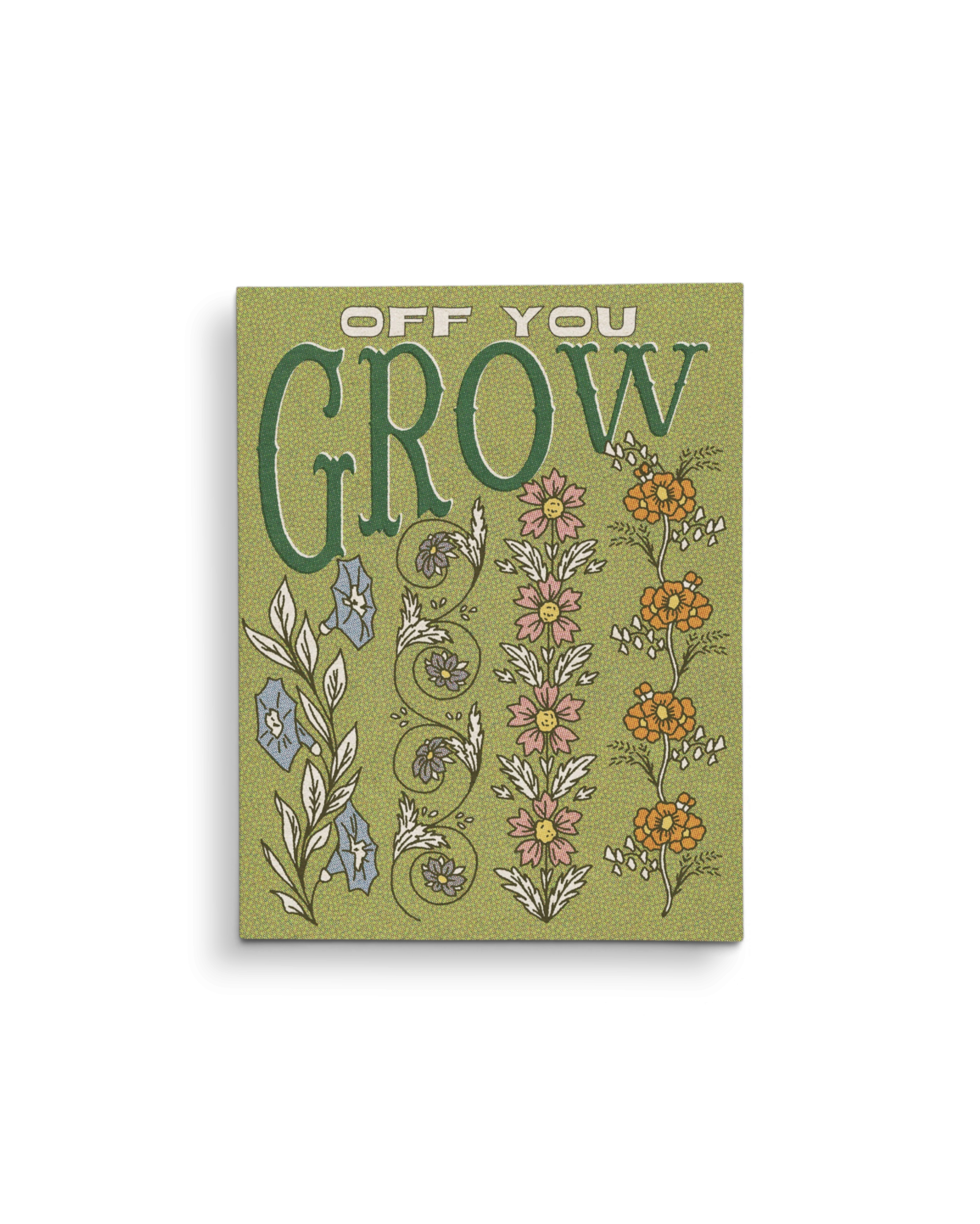 JONES + CO Off You Grow greeting card featuring floral illustrations on green textured cardstock with matching envelope