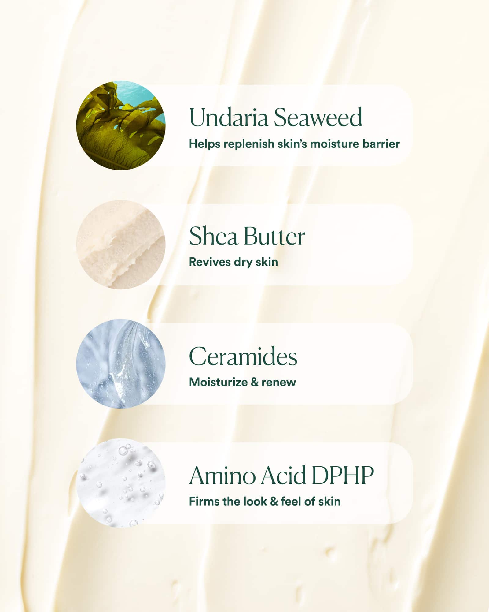 OSEA Undaria Algae Body Butter key ingredients over a cream texture background