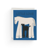 JONES + CO Little Love greeting card featuring a white horse and black foal illustration on a blue background.