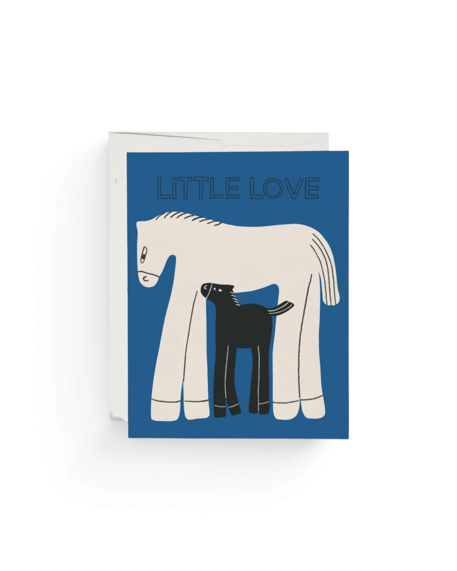 JONES + CO Little Love greeting card featuring a white horse and black foal illustration on a blue background.
