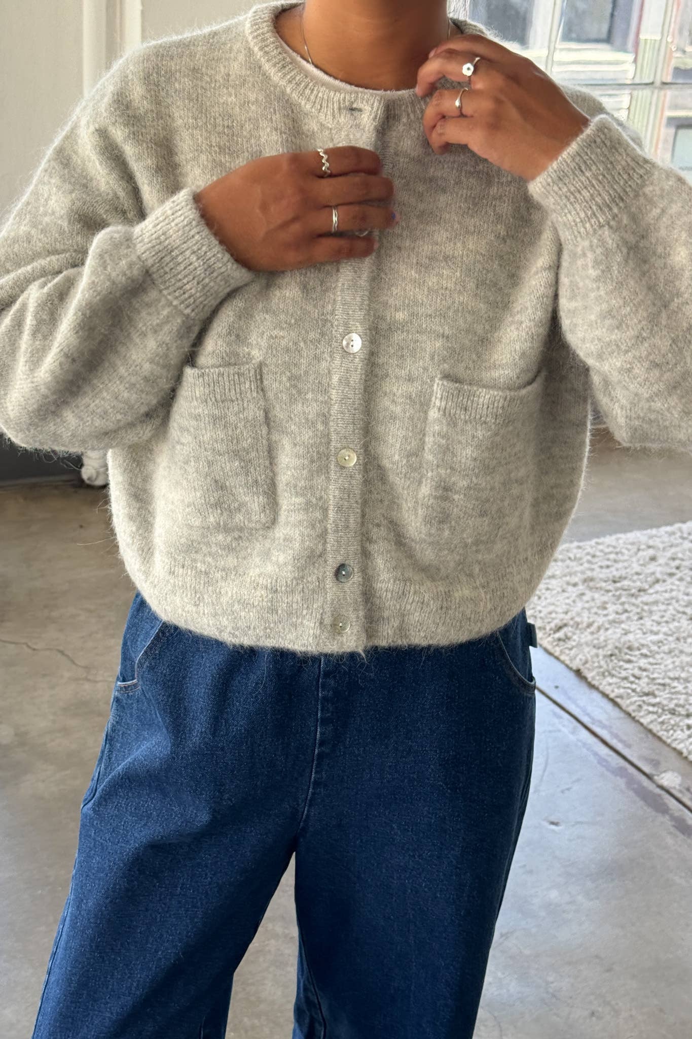 Amélie Alpaca Cardigan - Light Grey on model 