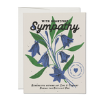 Sympathy card with blue flowers and green leaves on a white background