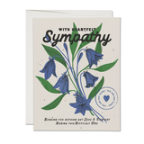 Sympathy card with blue flowers and green leaves on a white background