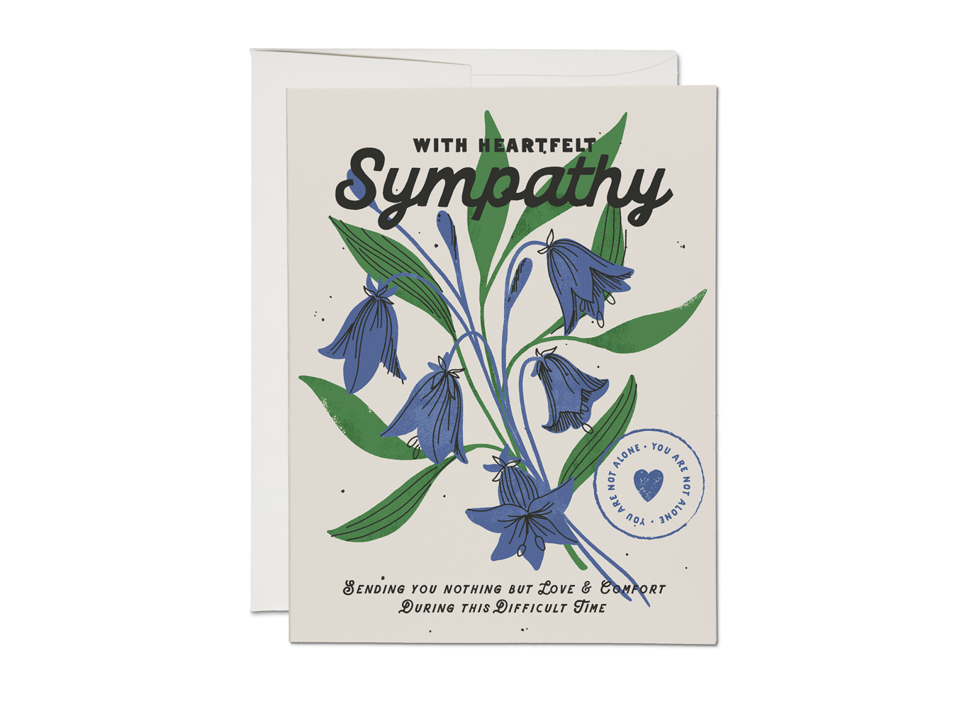 Sympathy card with blue flowers and green leaves on a white background