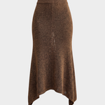JONES + CO Lenco brown metallic knit skirt with a relaxed silhouette and handkerchief hem on a white background.
