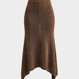JONES + CO Lenco brown metallic knit skirt with a relaxed silhouette and handkerchief hem on a white background.