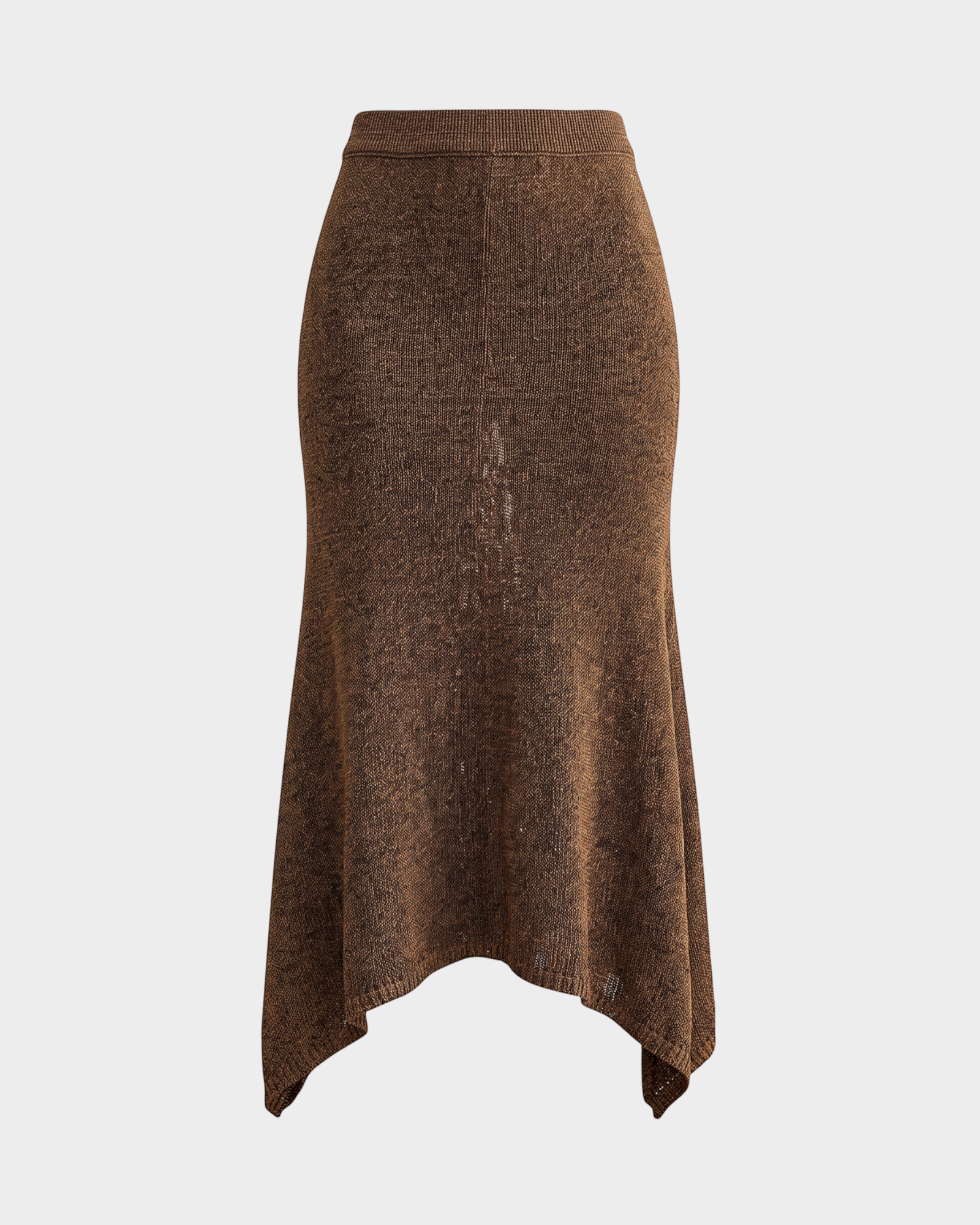 JONES + CO Lenco brown metallic knit skirt with a relaxed silhouette and handkerchief hem on a white background.