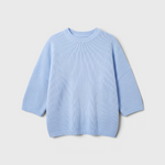 JONES + CO oversized crew-neck sweater in heathered blue with dropped shoulders and short sleeves.