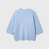 JONES + CO oversized crew-neck sweater in heathered blue with dropped shoulders and short sleeves.