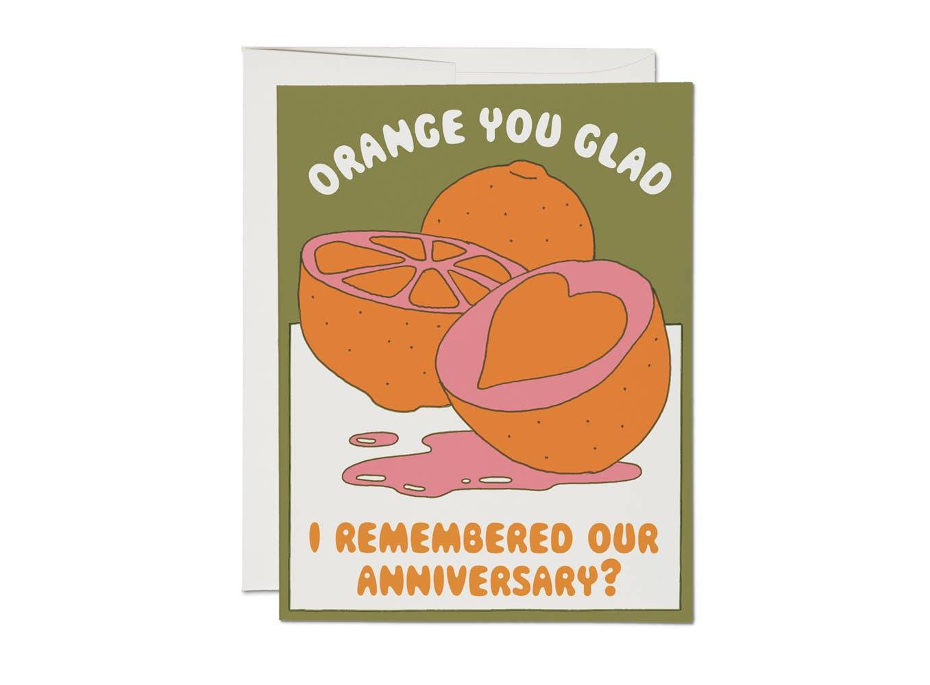 Card with cartoon oranges and humorous text on a white background