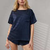 Washable Silk Tee Short Set - Deep Blue