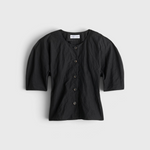JONES + CO black Noor button-front top in cotton-viscose with short puff sleeves and metallic thread detail.