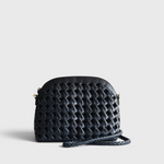 JONES + CO Carmen black handwoven leather shoulder bag with an arched silhouette and adjustable strap.