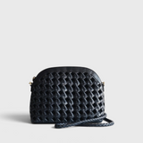 JONES + CO Carmen black handwoven leather shoulder bag with an arched silhouette and adjustable strap.